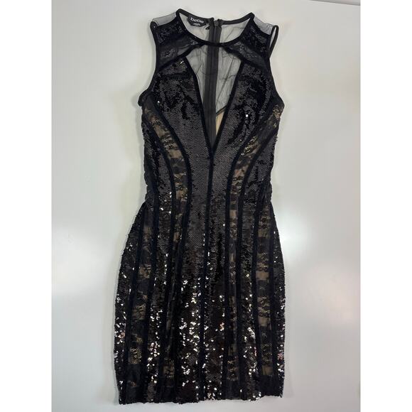 NWT Bebe XXS Bodycon Mini Dress Black Velvet Mesh Nude Sequin Lace Sleeveless - Picture 5 of 15